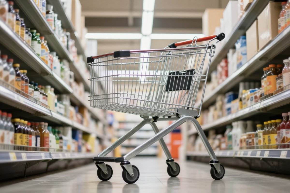 Low-angle view of shopping cart showing high center of gravity and narrow base