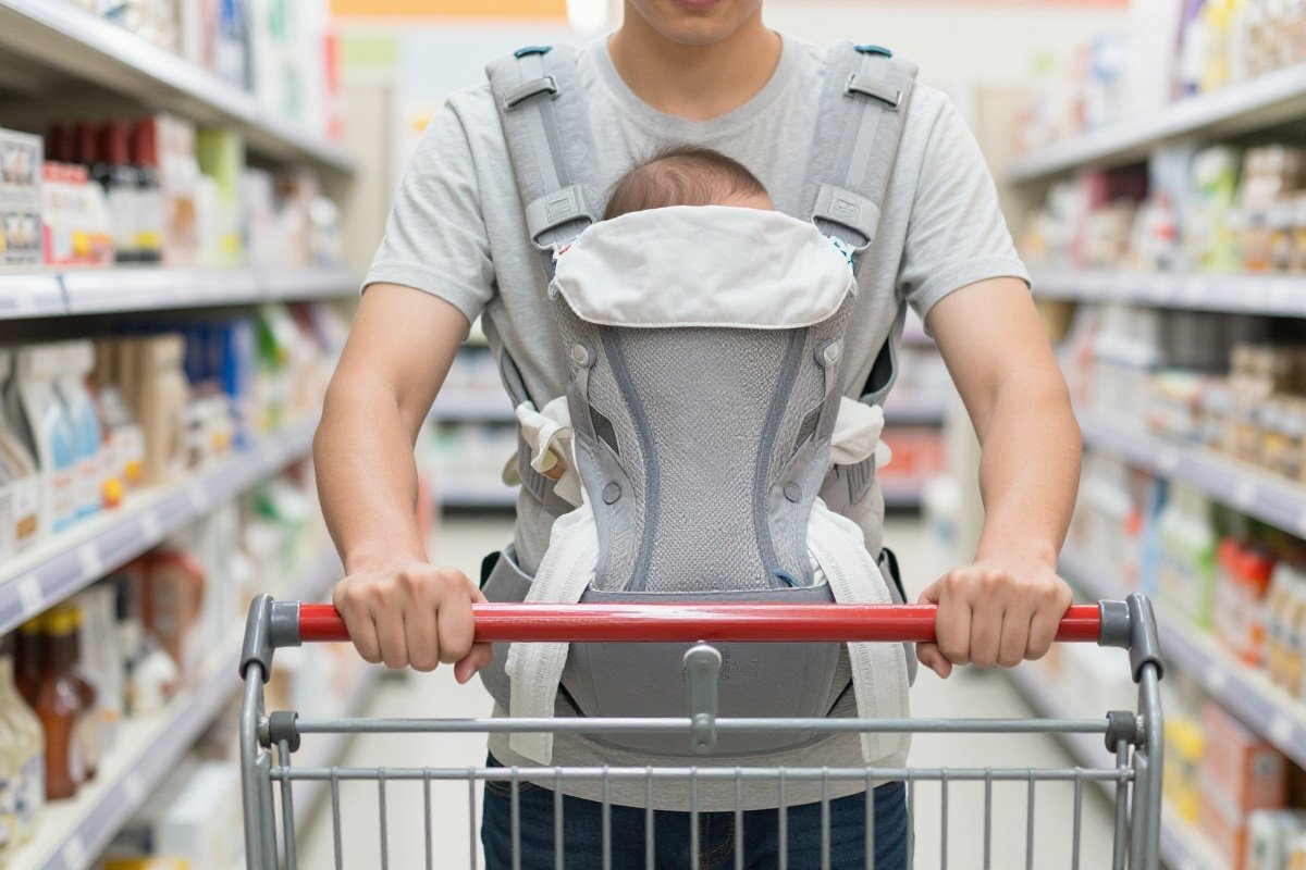 Parent wearing baby carrier while pushing shopping cart for hands-free grocery shopping