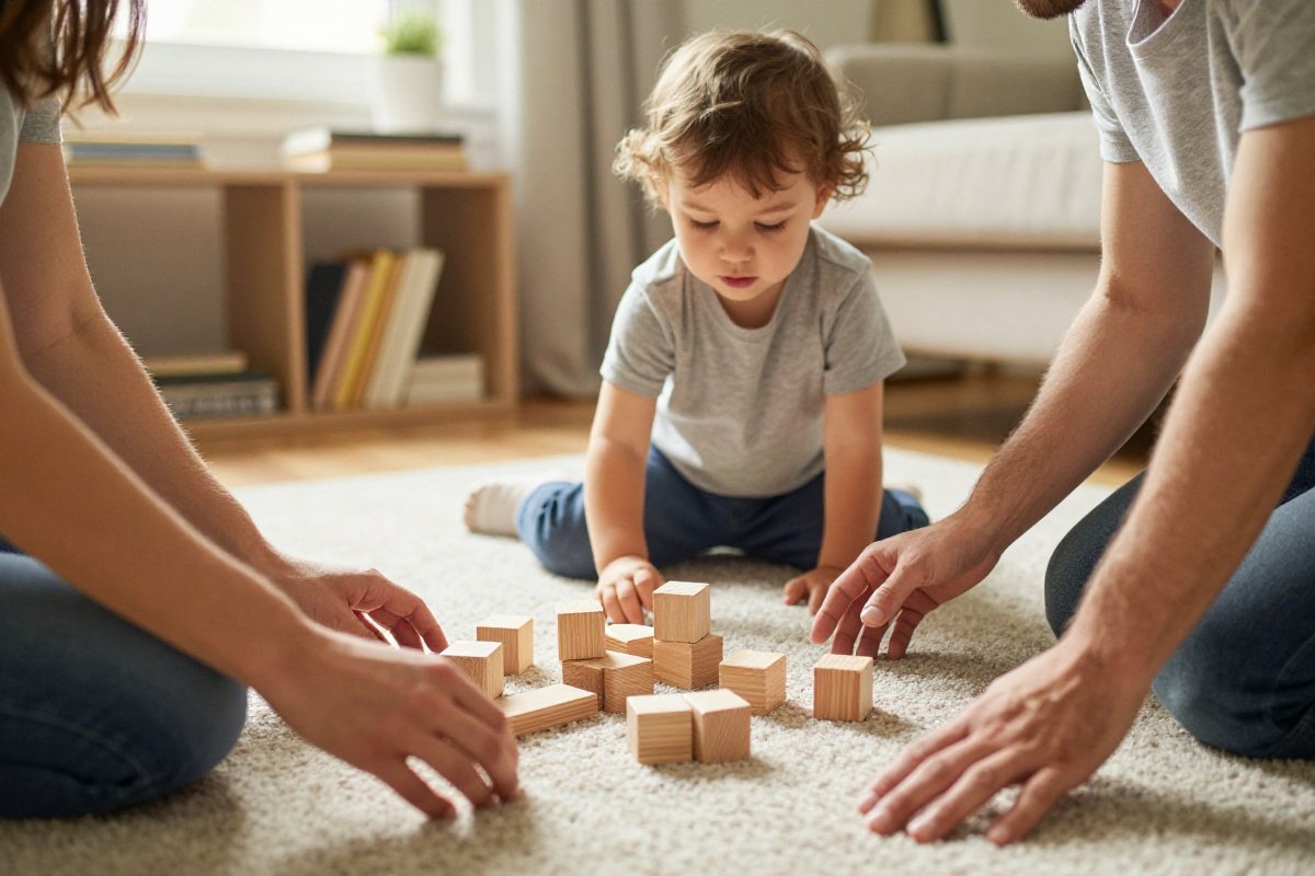 Parent and toddler playing with building blocks together on living room floor