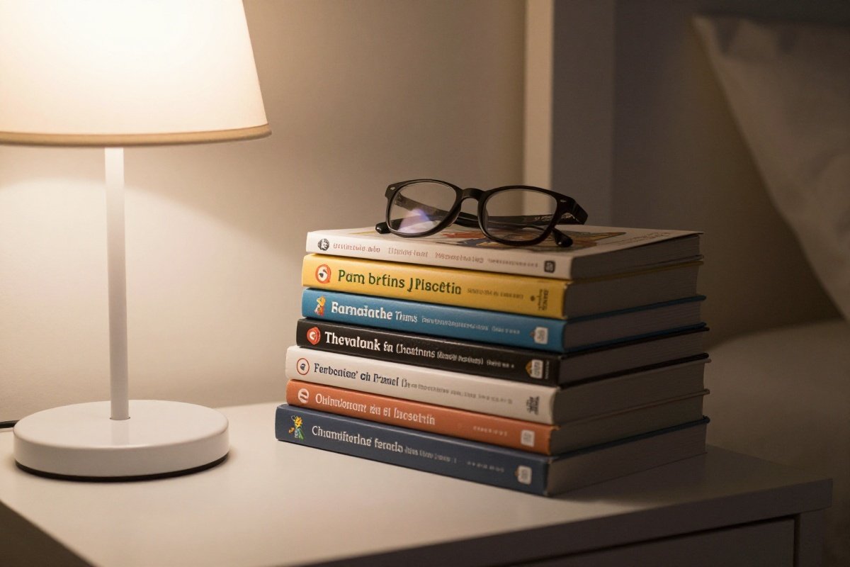 Stack of child development and parenting books on nightstand with reading glasses