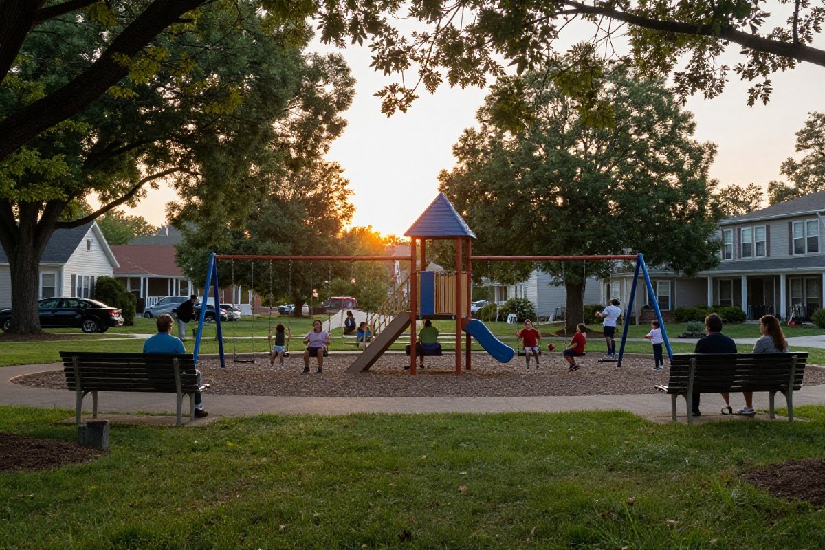 Families at neighborhood playground during golden hour showing diverse community