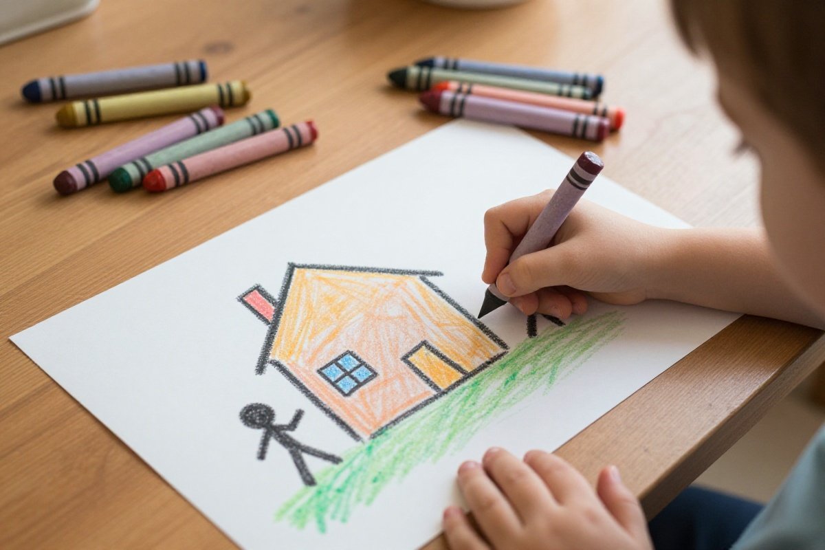 Child's hand drawing safety-themed picture with crayons at kitchen table