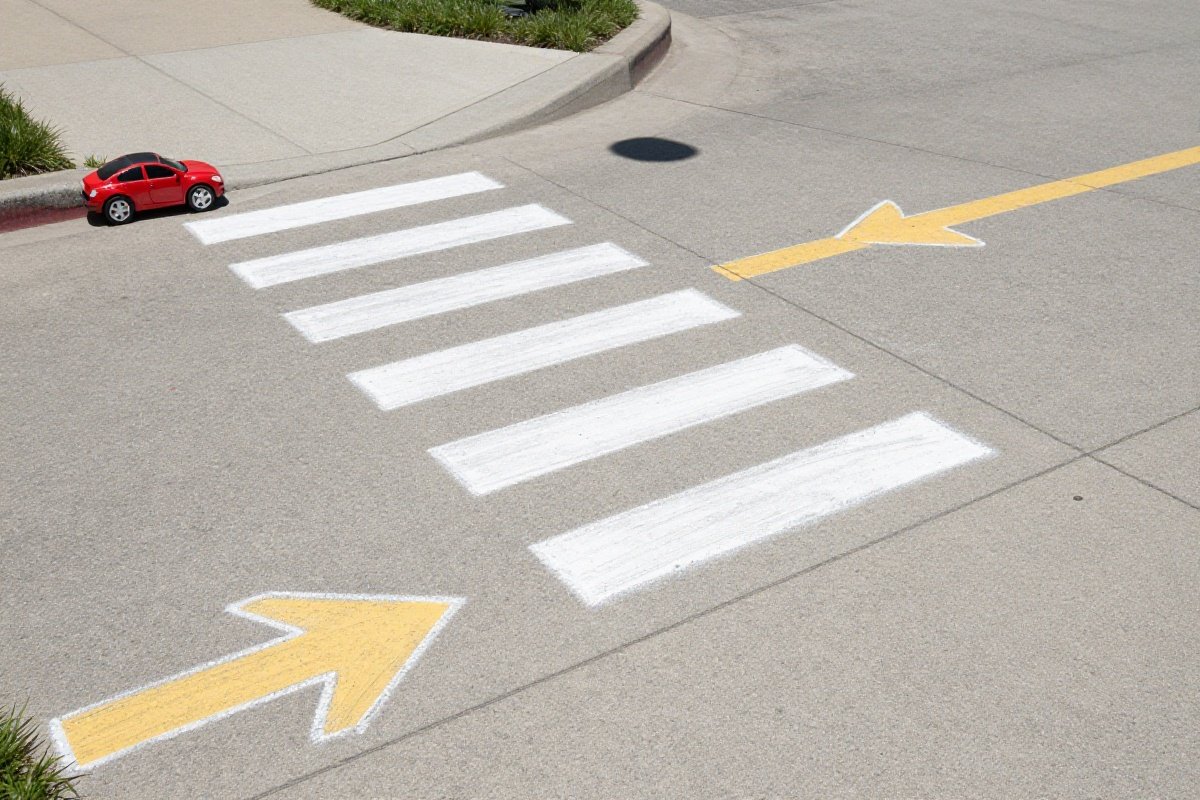 Sidewalk chalk traffic safety game with crosswalk drawn on driveway