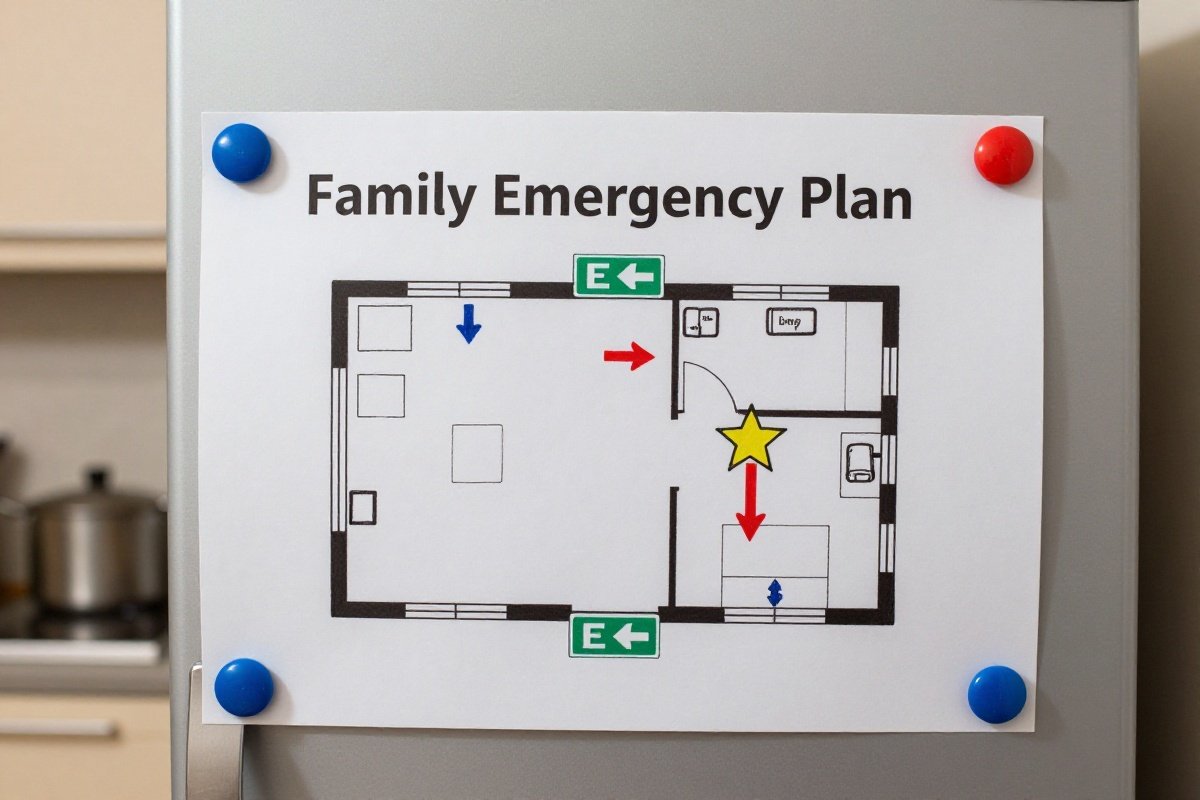Family emergency evacuation plan posted on refrigerator with exit routes marked