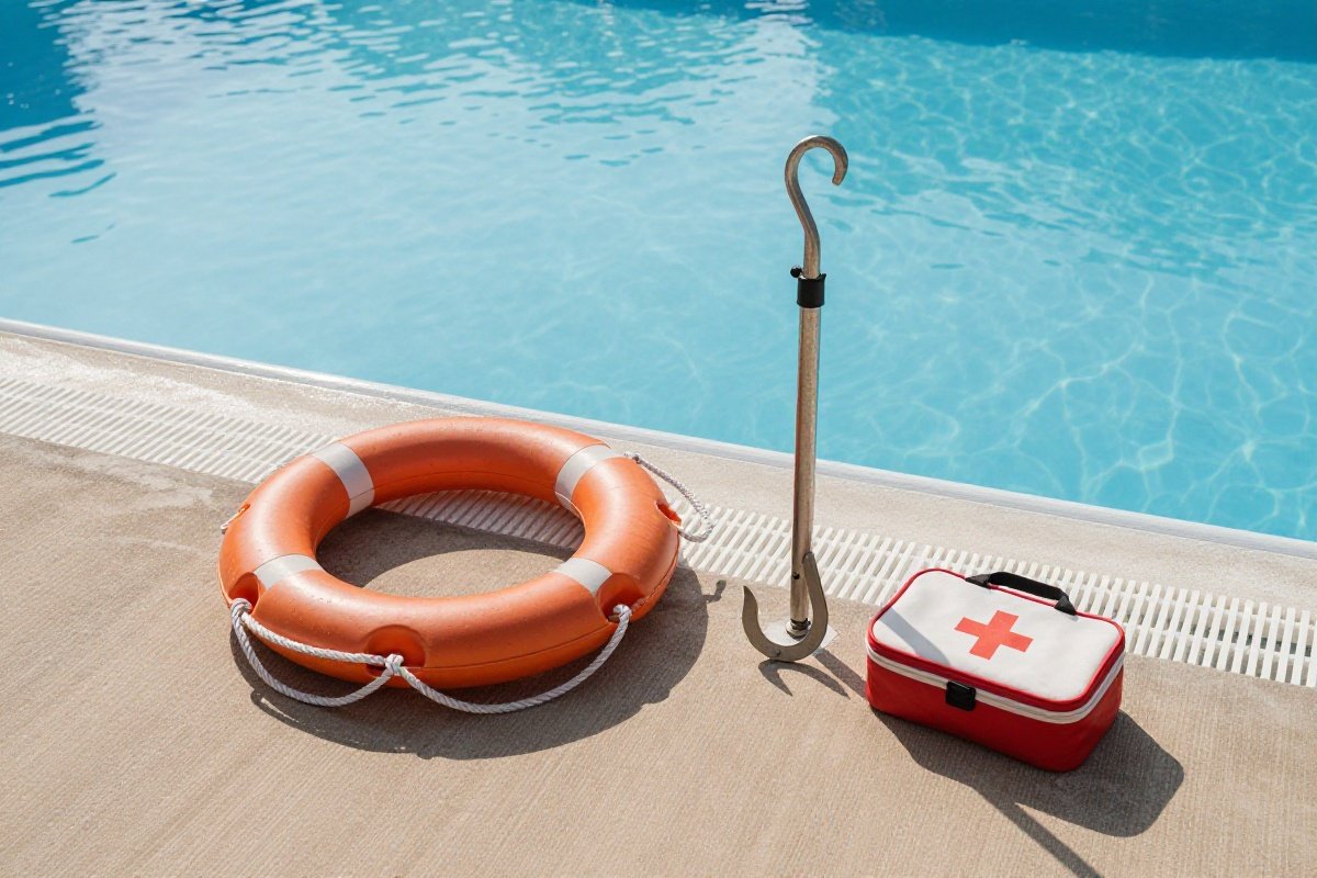 Pool safety equipment including ring buoy and shepherd's hook arranged at pool edge