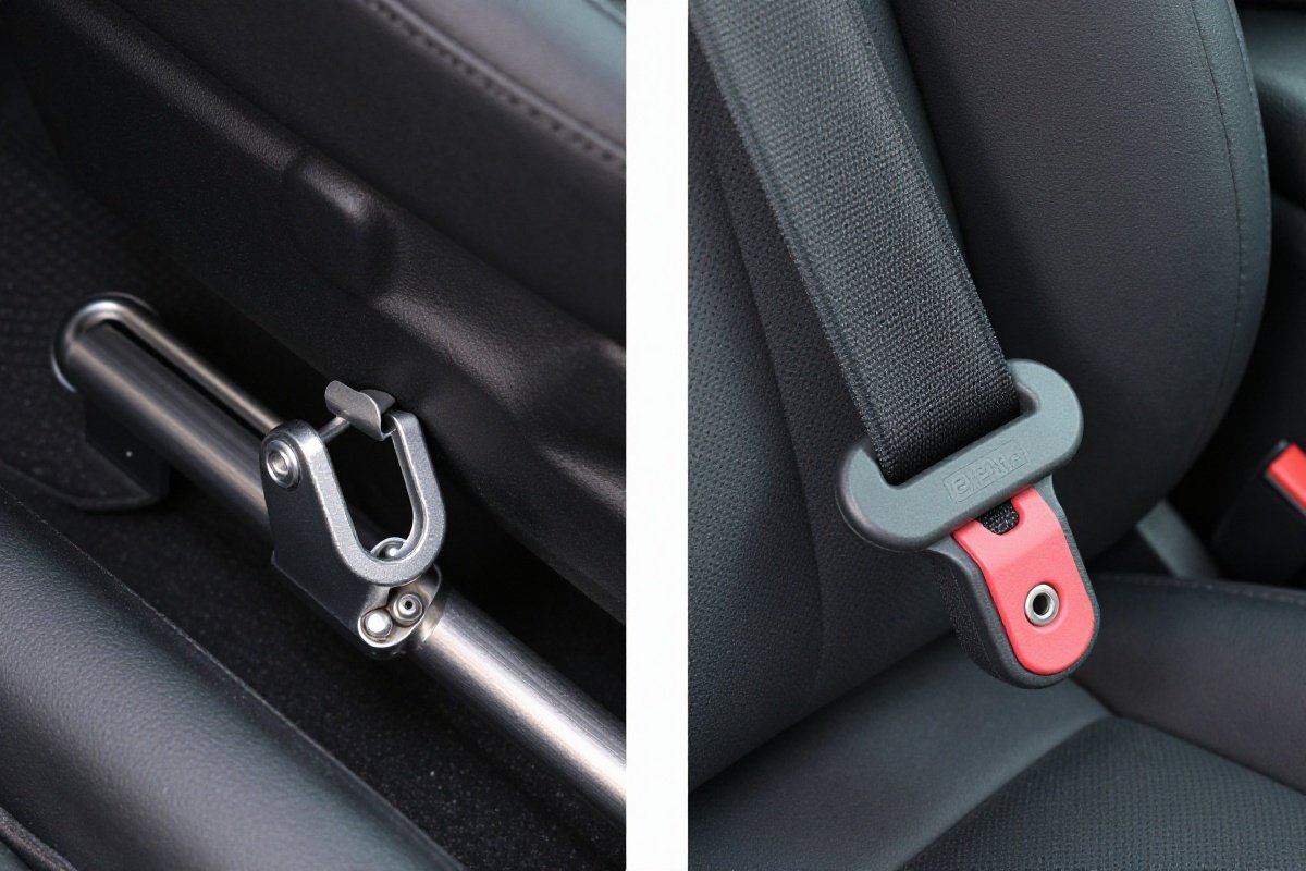 Side-by-side comparison of LATCH connector and seat belt car seat installation methods