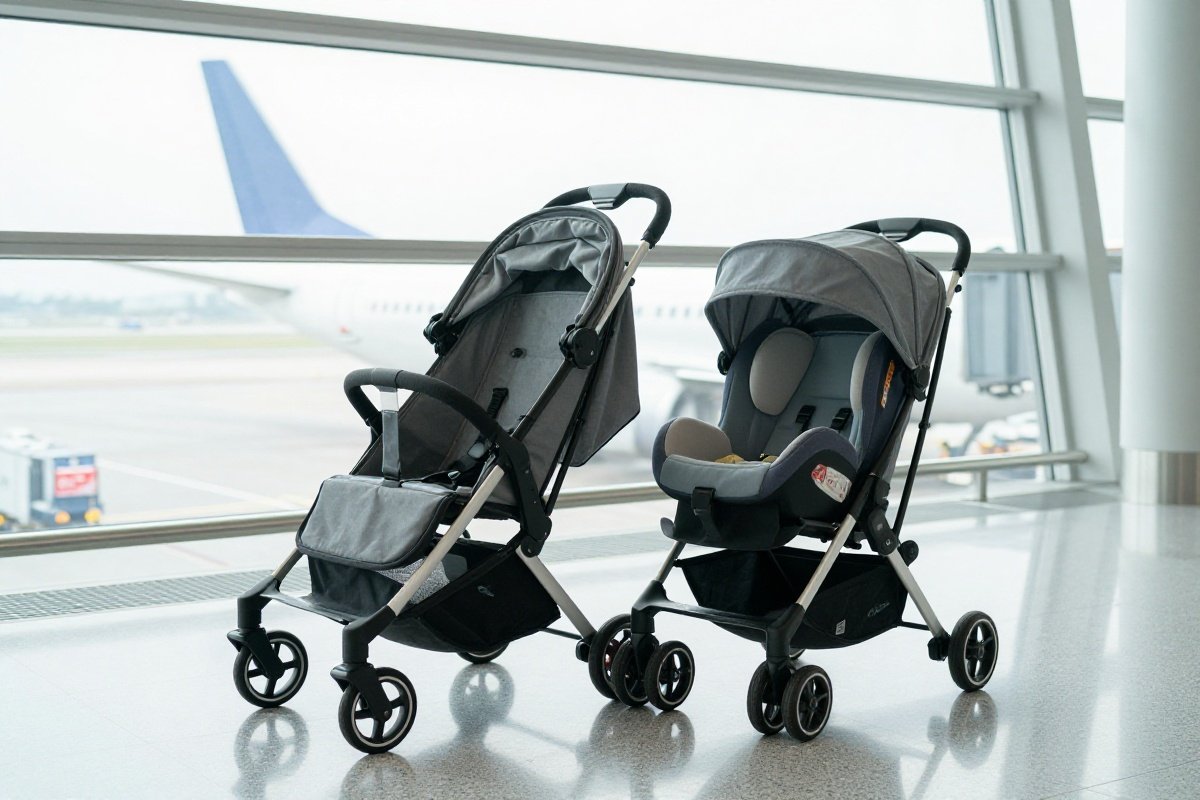 Folded stroller and car seat travel bag staged at airport terminal window