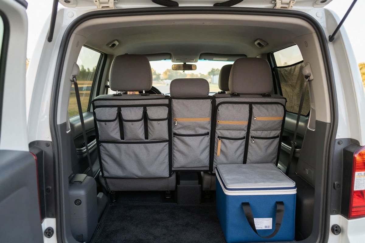 Vehicle back seat organized for road trip with activity pouches, cooler, and sunshade