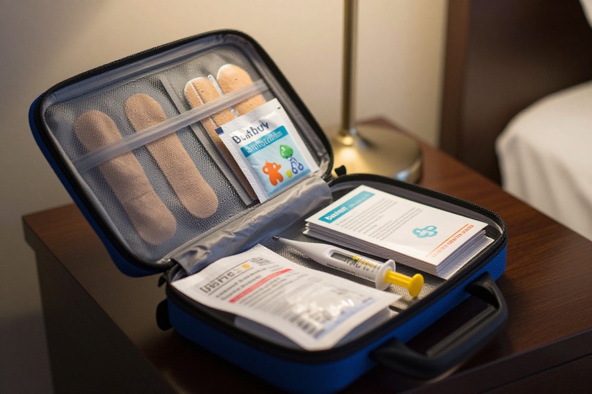 Open travel first aid kit with children's medical supplies on hotel nightstand