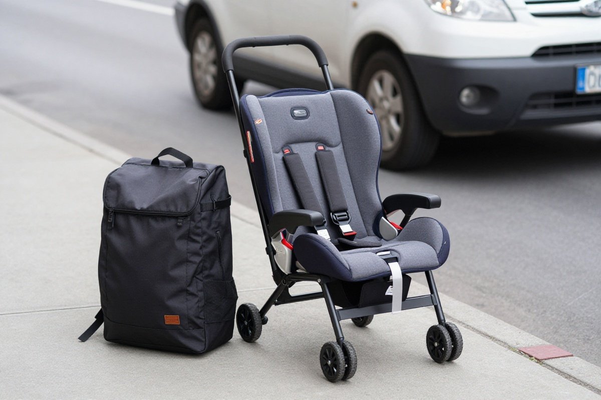 Portable travel car seat and carry bag on sidewalk with rideshare vehicle in background