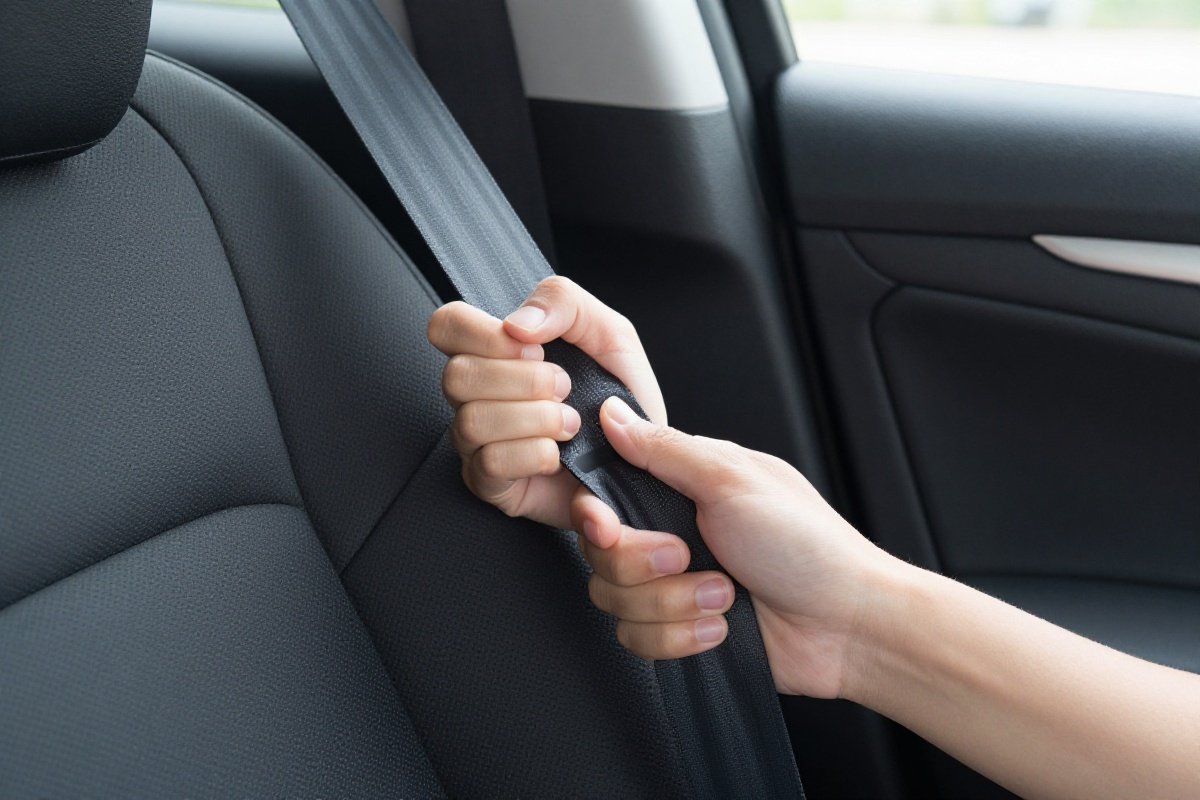 Hands pulling seat belt tight through car seat belt path during rideshare installation