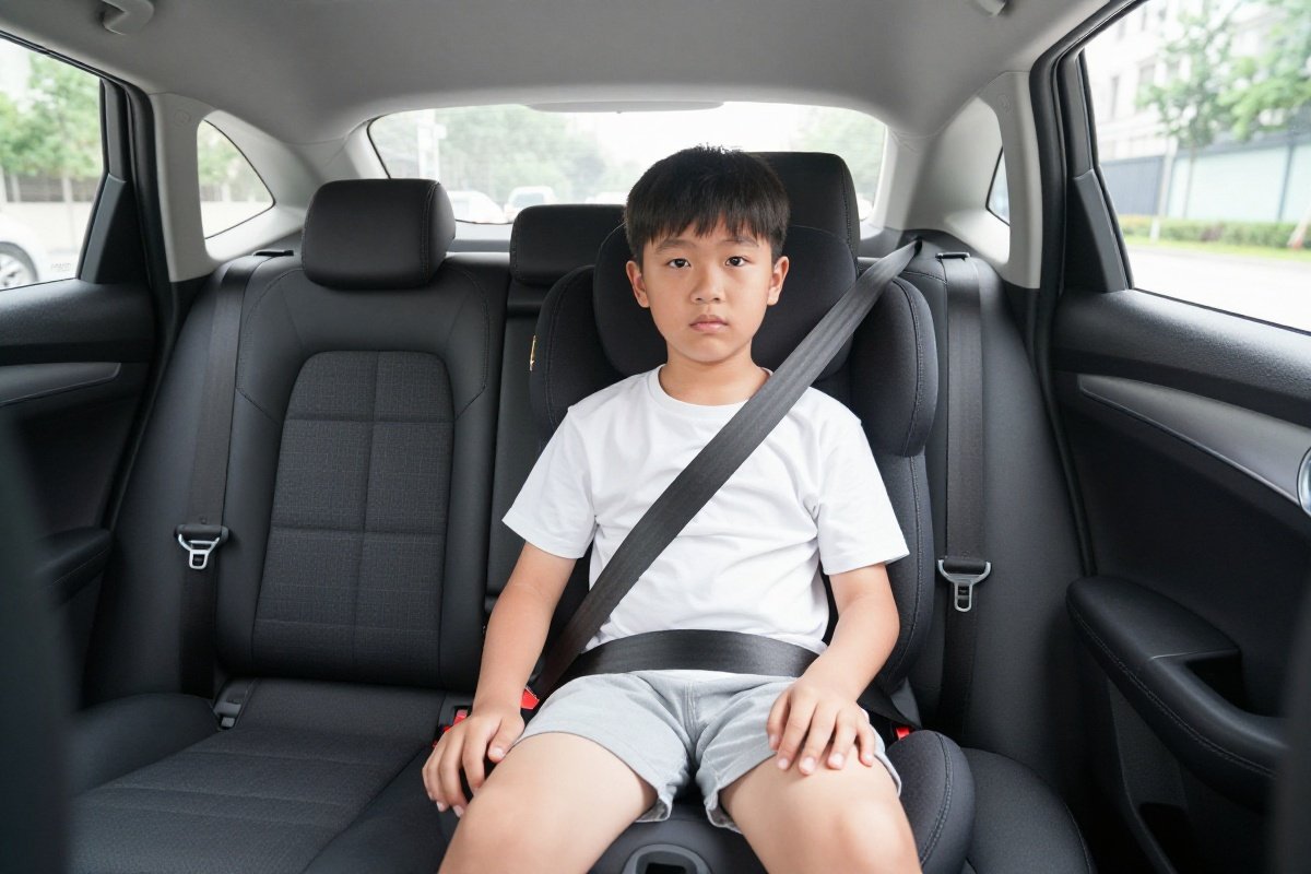 Older child properly wearing standard seat belt in front passenger seat with shoulder belt across chest and lap belt on thighs