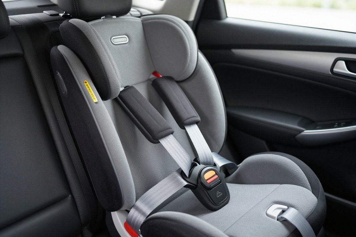 Seat belt properly routed through booster seat shoulder guide and lap belt path
