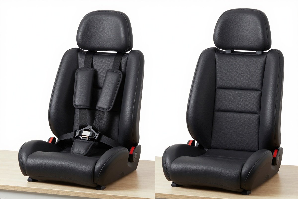 Side-by-side comparison of highback booster with headrest wings and backless booster