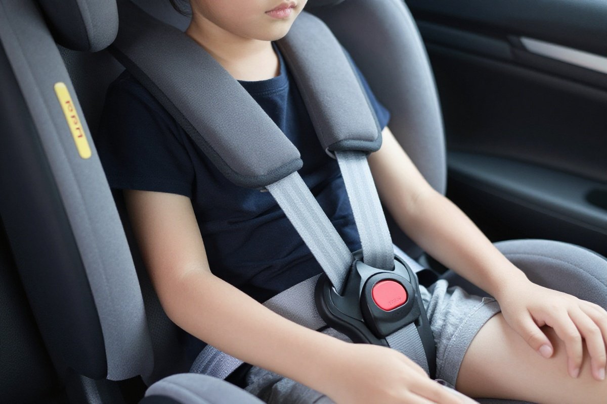 Seat belt showing proper fit across booster seat at chest and lap level