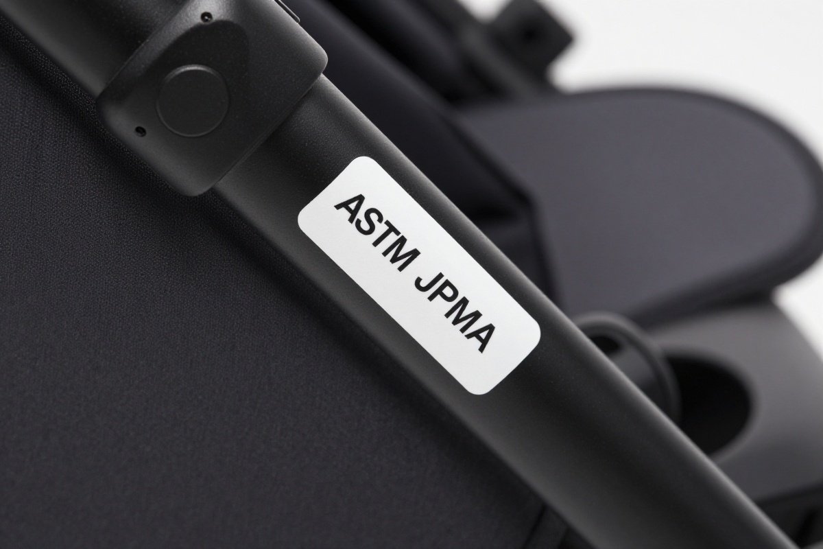Safety certification label on stroller frame showing ASTM and JPMA compliance marks