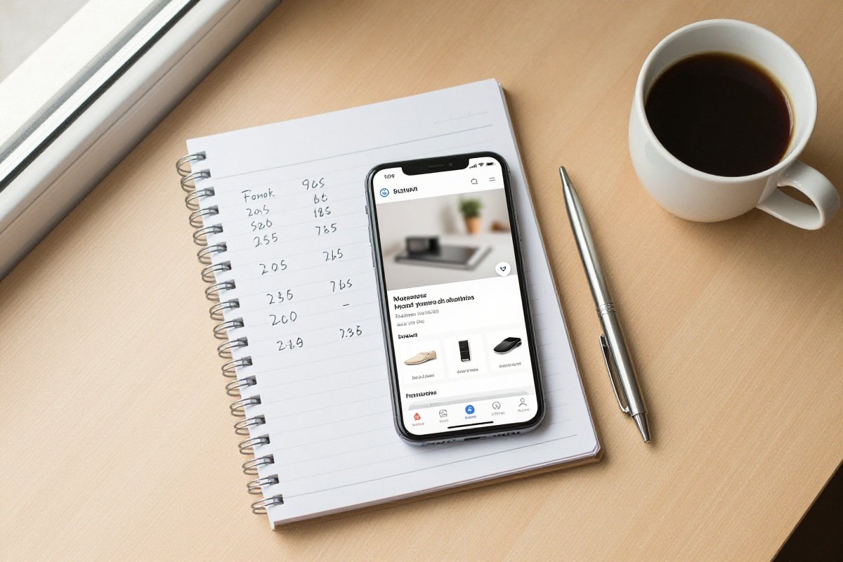 Smartphone with shopping app and handwritten price comparison notes on desk