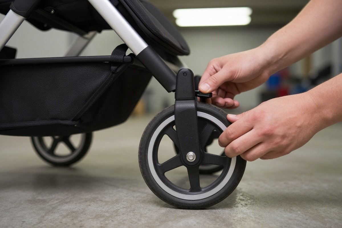 Hands inspecting stroller wheel and brake mechanism during used stroller evaluation