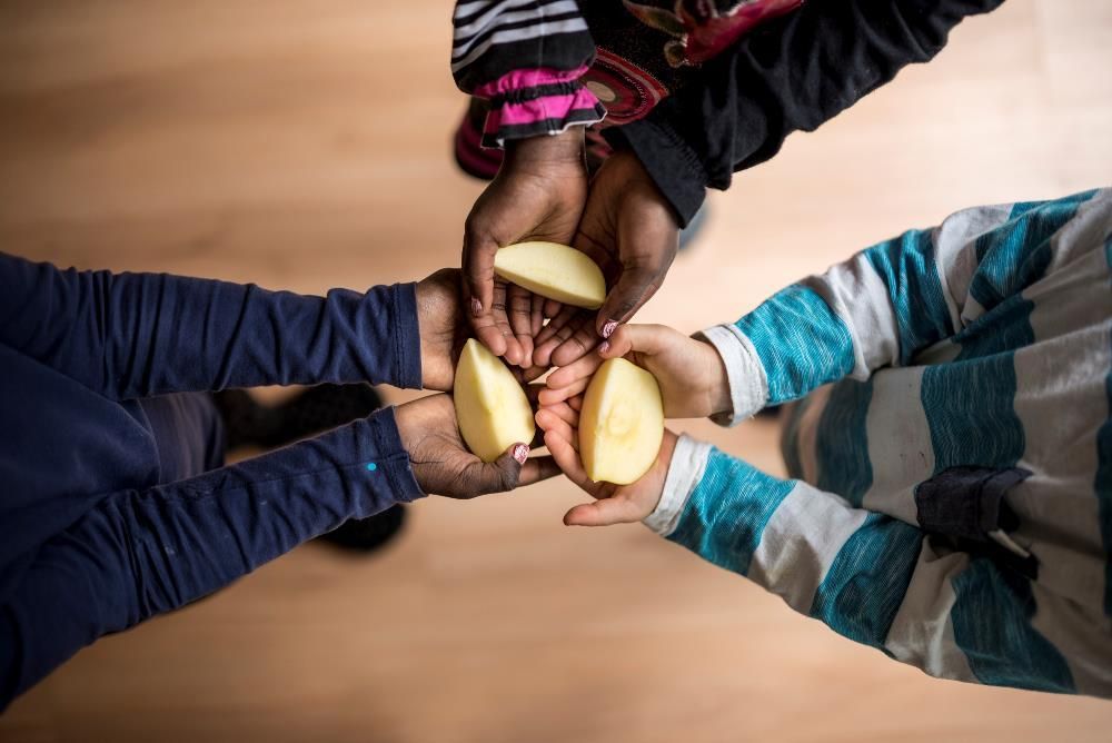 Safe food preparation for children showing appropriate cutting techniques
