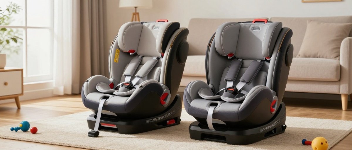 Two 4-in-1 car seats side by side in a living room, highlighting their features and designs.