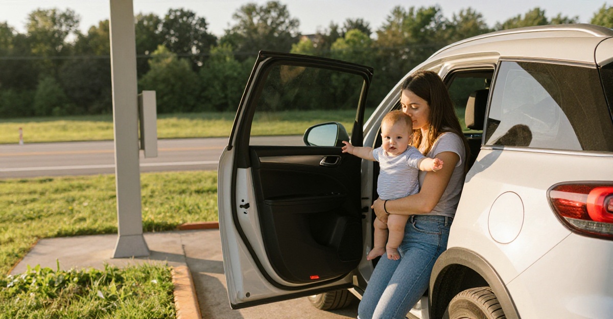 Parent lifting baby from car seat during a road trip rest stop