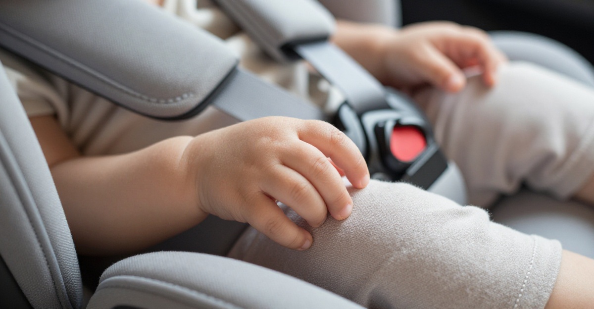 Baby hand resting on soft car seat fabric showing premium texture