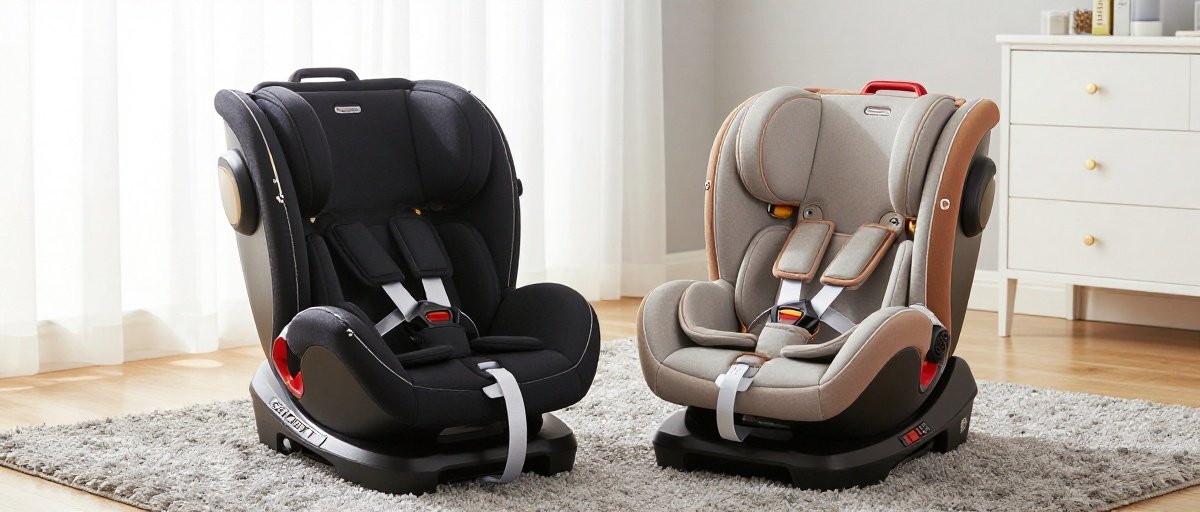 Two premium convertible car seats side by side in a modern nursery setting