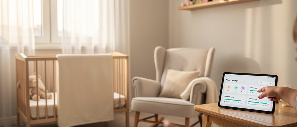 A child's room with a focus on privacy settings on a smart device