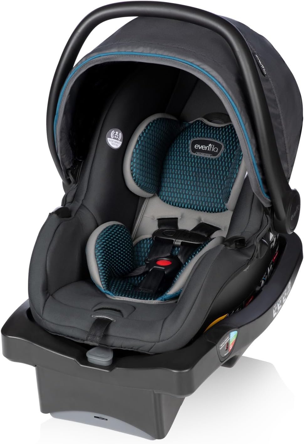 Evenflo LiteMax DLX infant car seat with SafeZone base in Riverstone grey