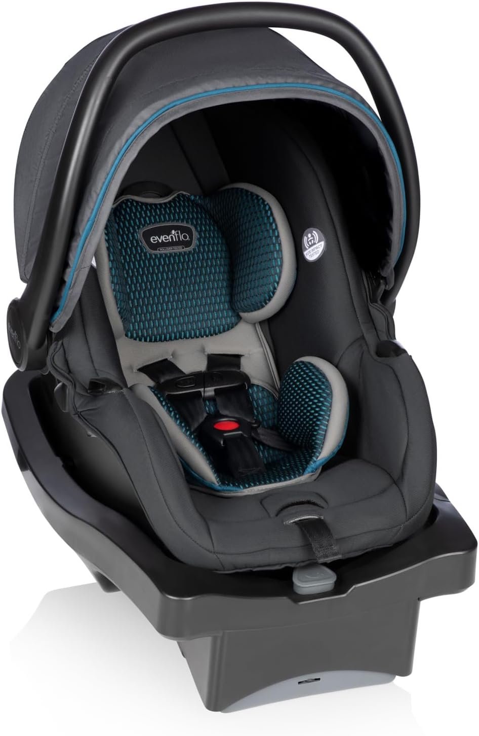 Evenflo LiteMax DLX infant car seat with SafeZone base in Riverstone grey