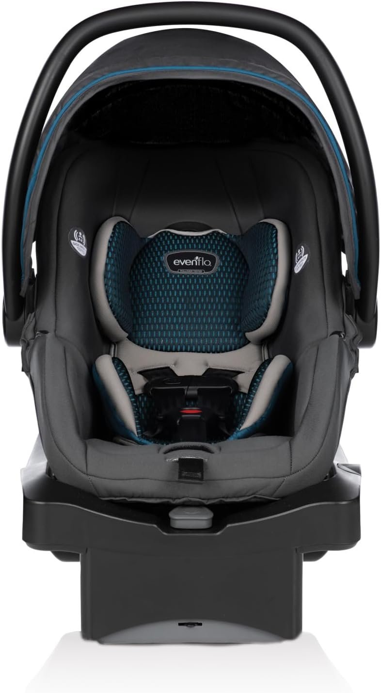 Evenflo LiteMax DLX infant car seat with SafeZone base in Riverstone grey