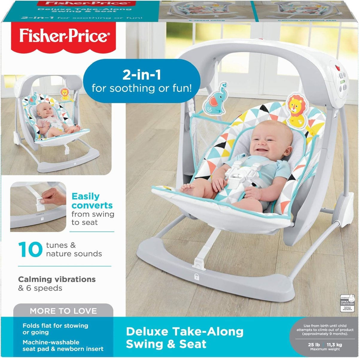 Fisher-Price Deluxe Take-Along Swing & Seat with baby smiling in colorful geometric patterned seat