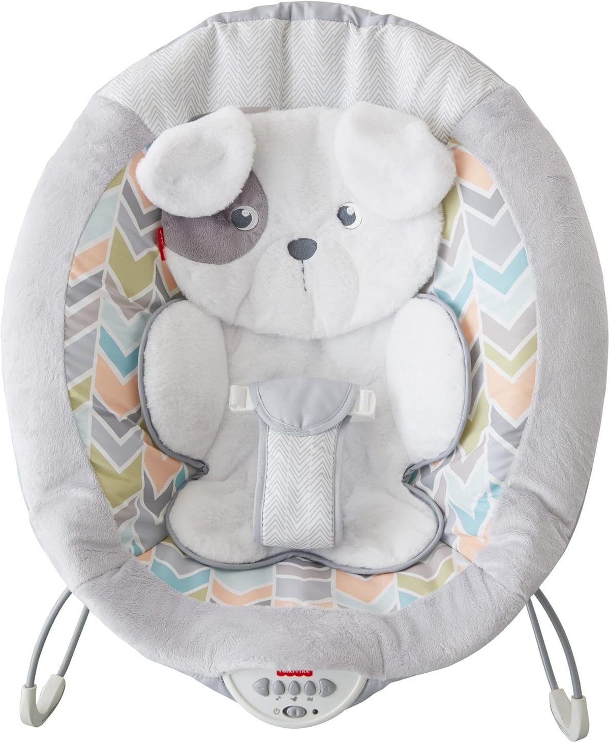 Fisher-Price Sweet Snugapuppy Dreams baby bouncer with plush puppy design and chevron pattern