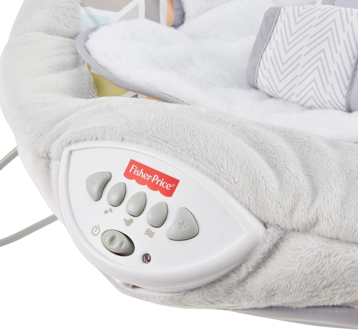 Close-up of control panel on Fisher-Price Sweet Snugapuppy Dreams baby swing with plush gray fabric
