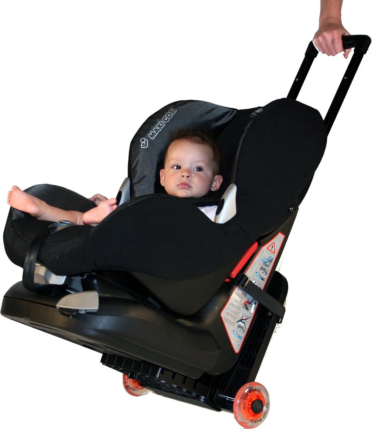 Go-Go Babyz Travelmate with baby seated, featuring wheels and pull handle for easy transport