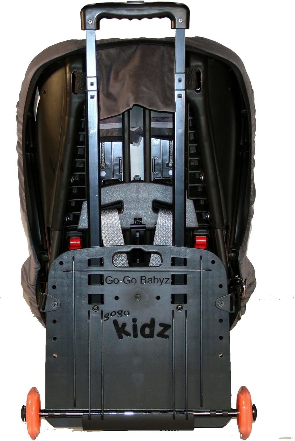 Rear view of Go-Go Babyz Travelmate with handle extended and orange wheels visible