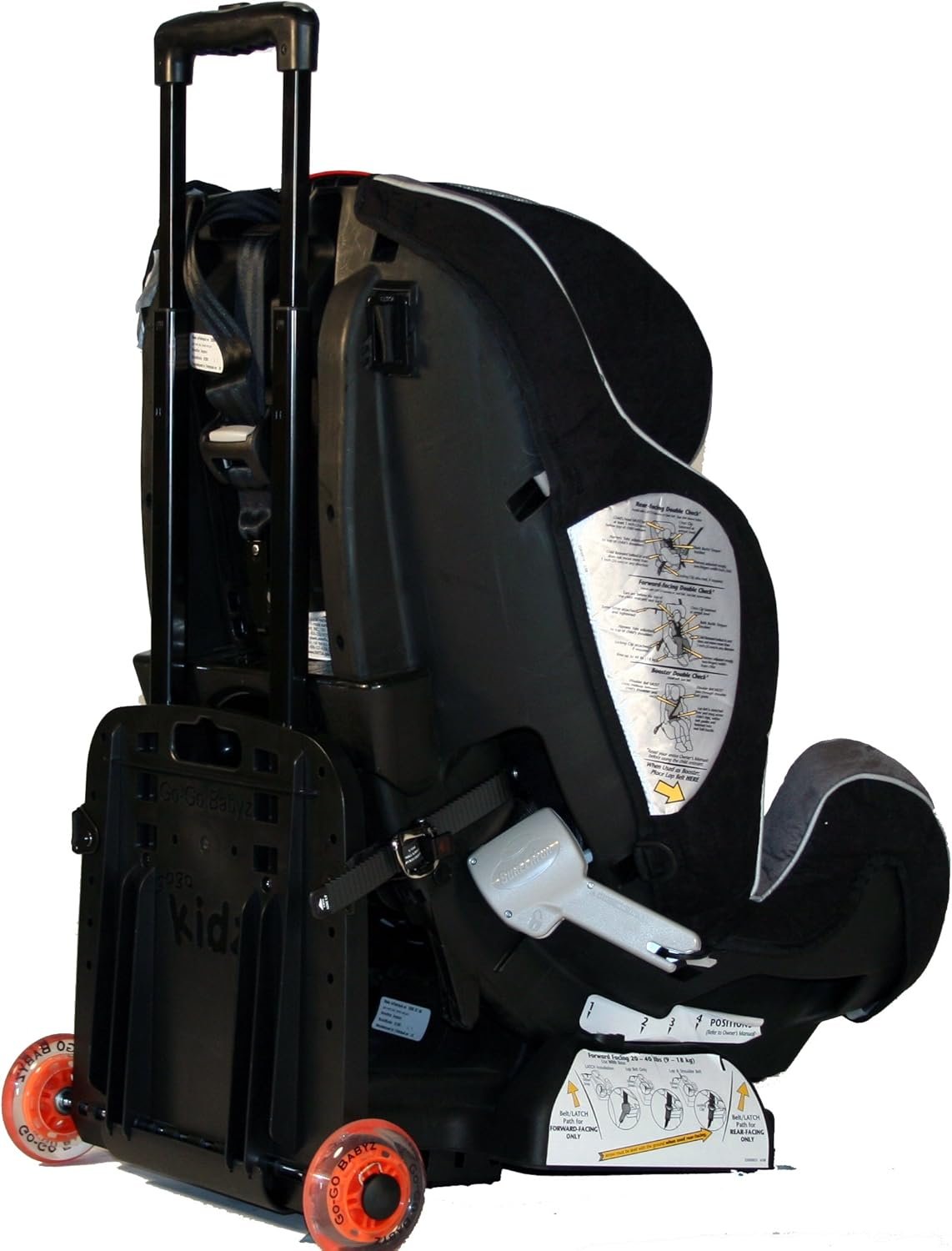Go-Go Babyz Travelmate car seat with wheels and handle for travel, shown from rear angle