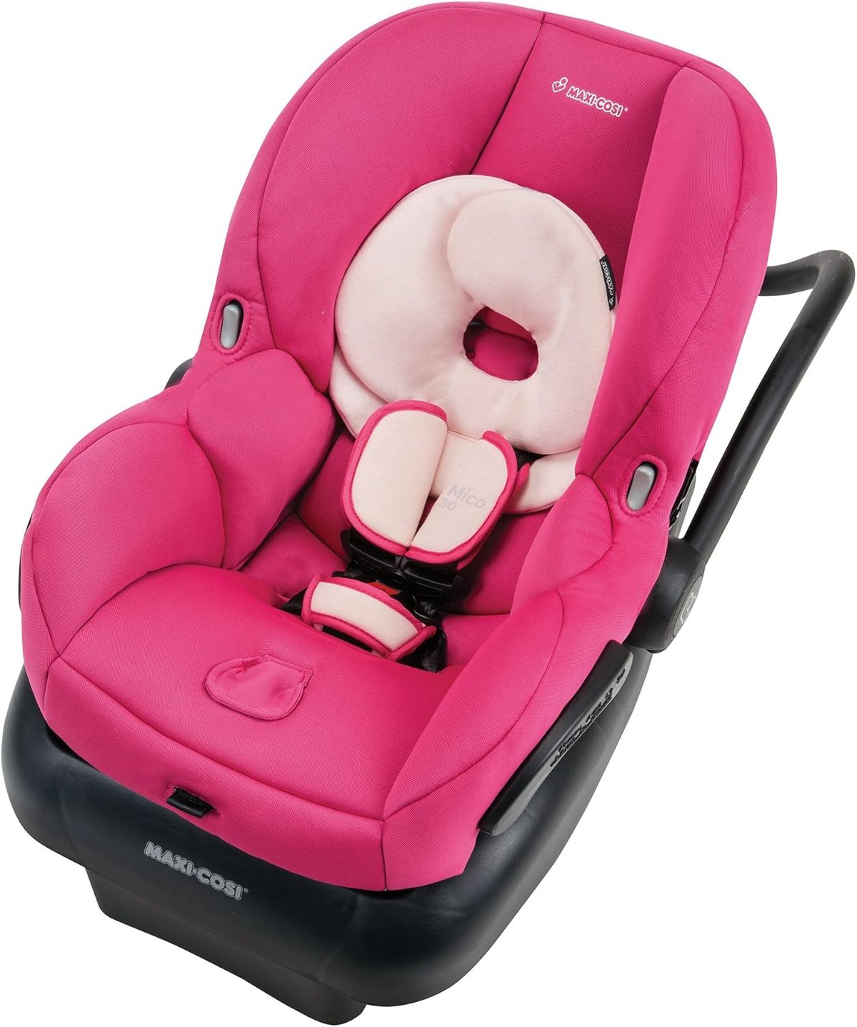 Maxi-Cosi Mico 30 Bright Rose infant car seat with plush head support and black base on white background