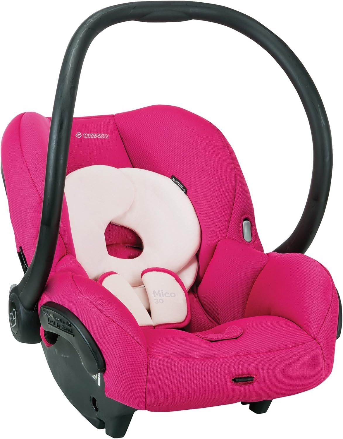 Maxi-Cosi Mico 30 Bright Rose infant car seat with black handle and plush white head support
