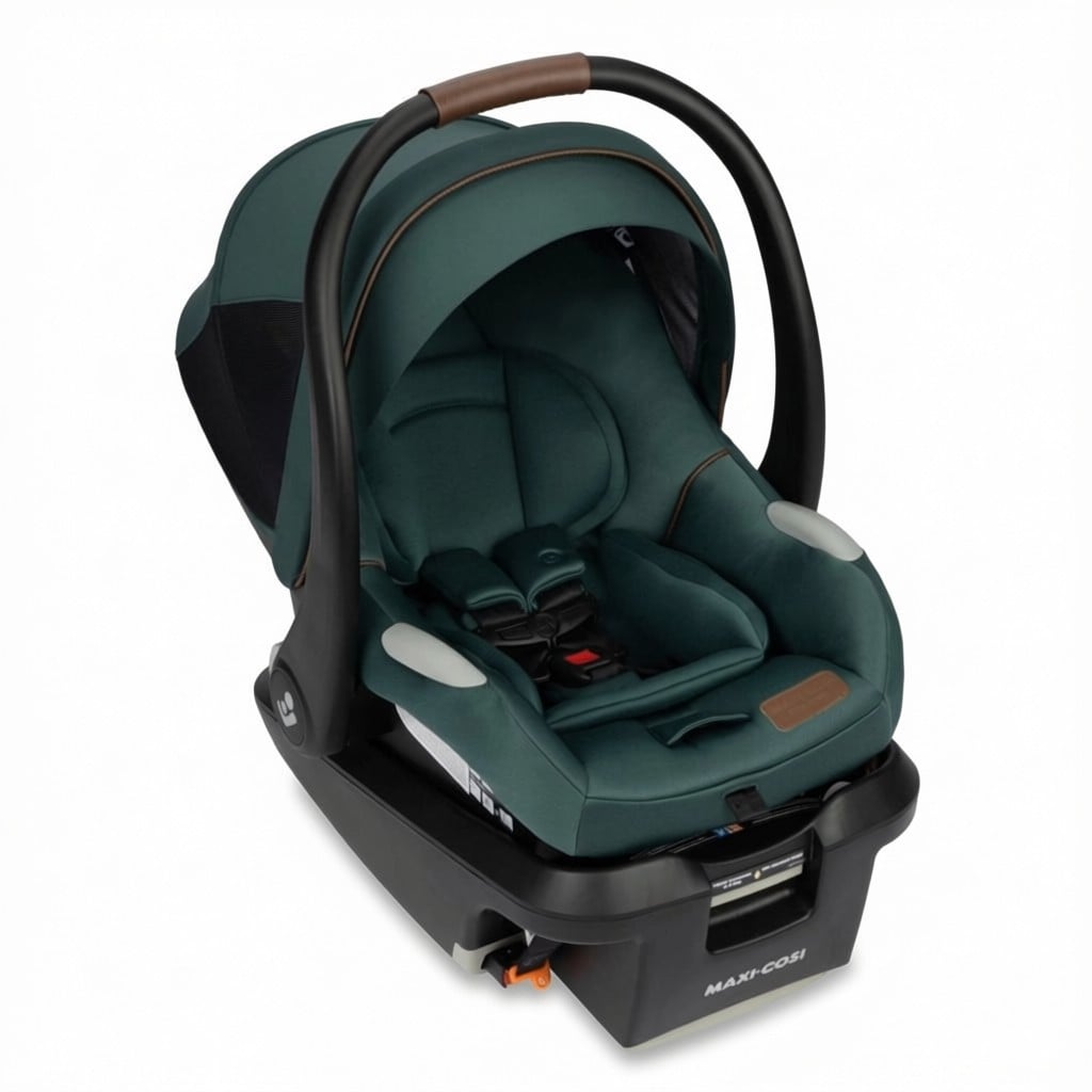 Maxi-Cosi Mico 30 infant car seat in deep green with brown trim, showing canopy and carry handle