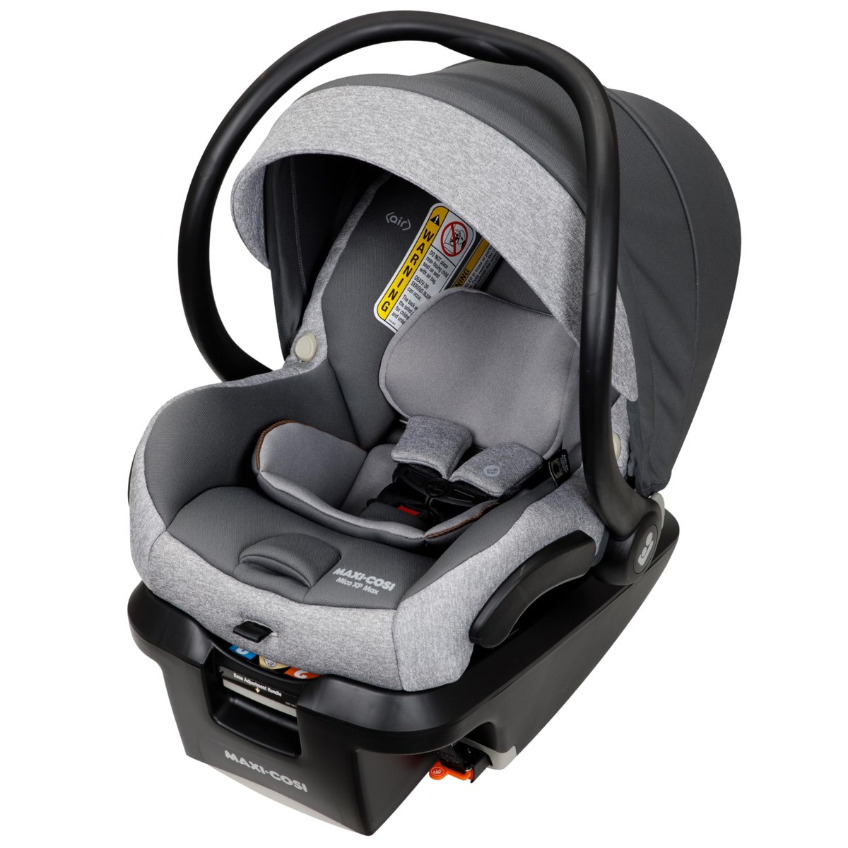 Maxi-Cosi Mico XP infant car seat with gray fabric, black base, and canopy