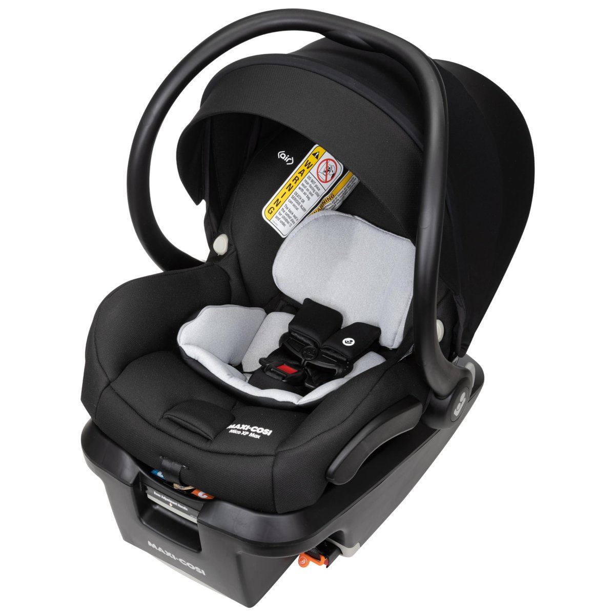Maxi-Cosi Mico XP infant car seat with black frame, gray padding, and adjustable canopy