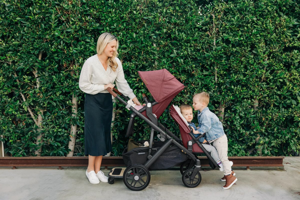 UPPAbaby VISTA V2 double stroller configured with toddler seat and RumbleSeat