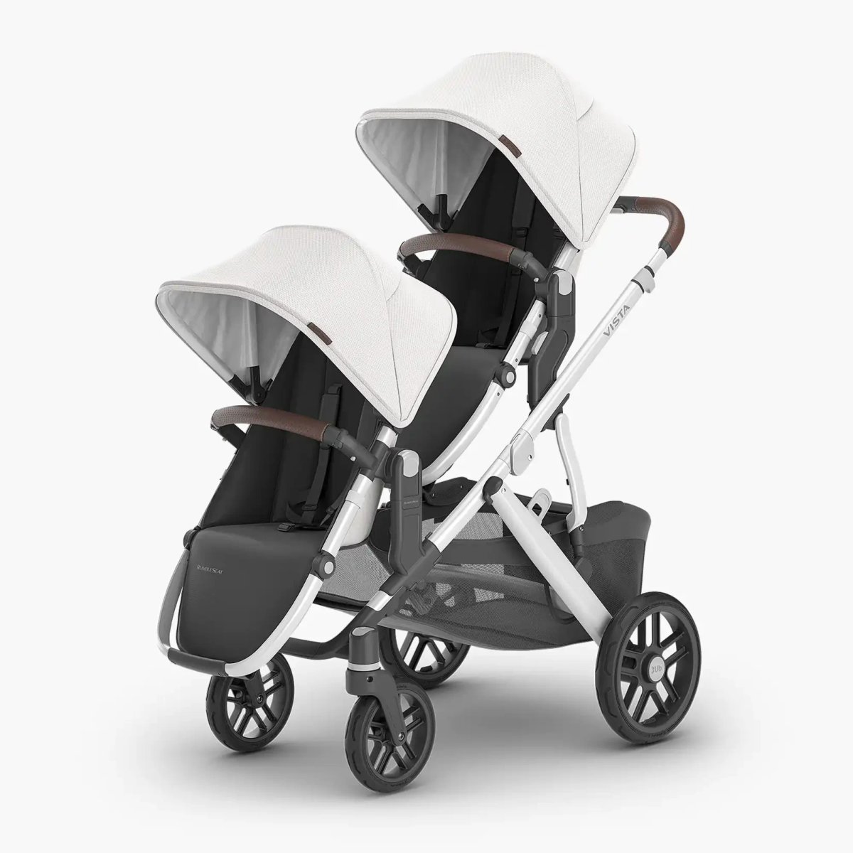 UPPAbaby VISTA V2 double stroller configured with toddler seat and RumbleSeat