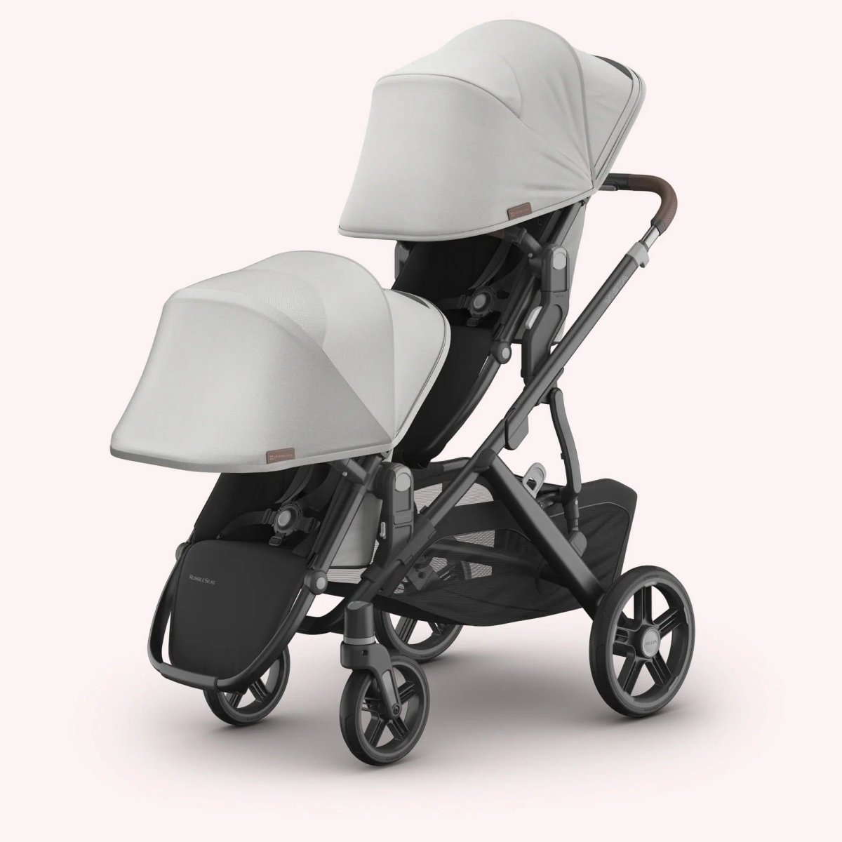 UPPAbaby VISTA V2 double stroller configured with toddler seat and RumbleSeat