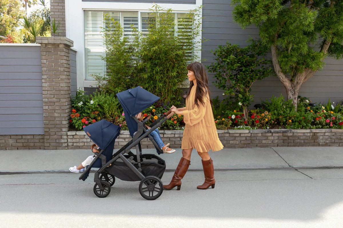 UPPAbaby VISTA V2 double stroller configured with toddler seat and RumbleSeat