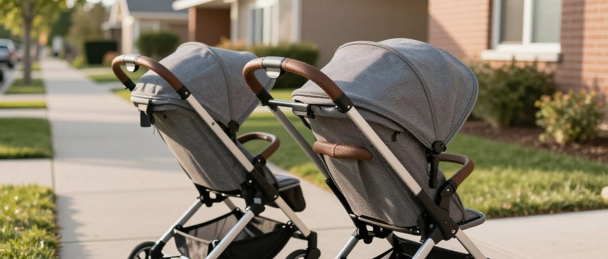 two premium strollers side by side on a sunny sidewalk